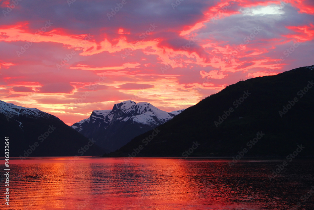 Sunset in fjord of Norway