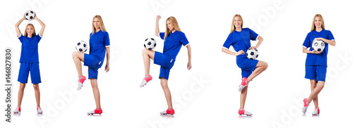 Woman playing football on white