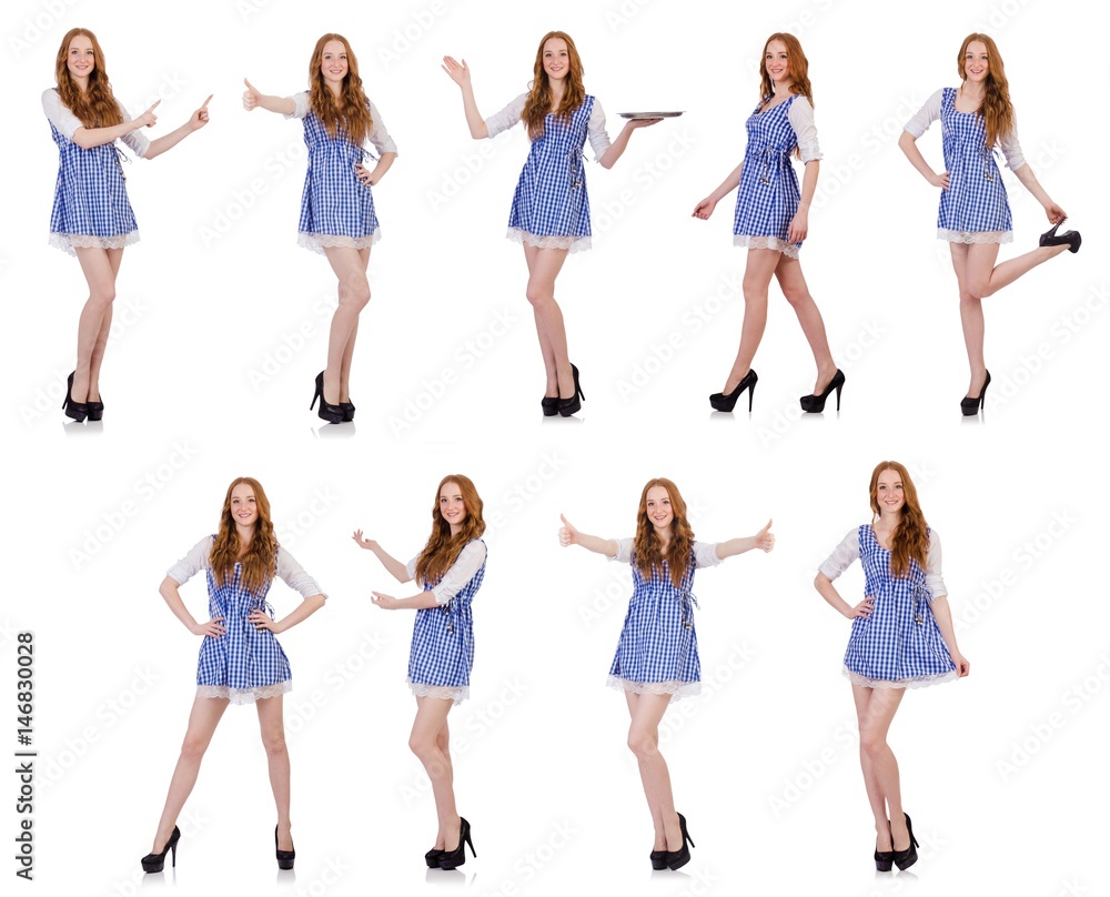 Fototapeta premium Woman pressing virtual button isolated on white