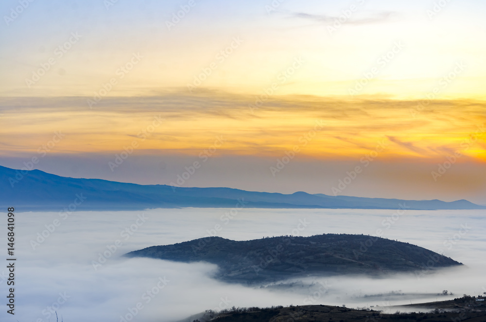 fog and cloud mountain valley landscape at sunset, Macedonia