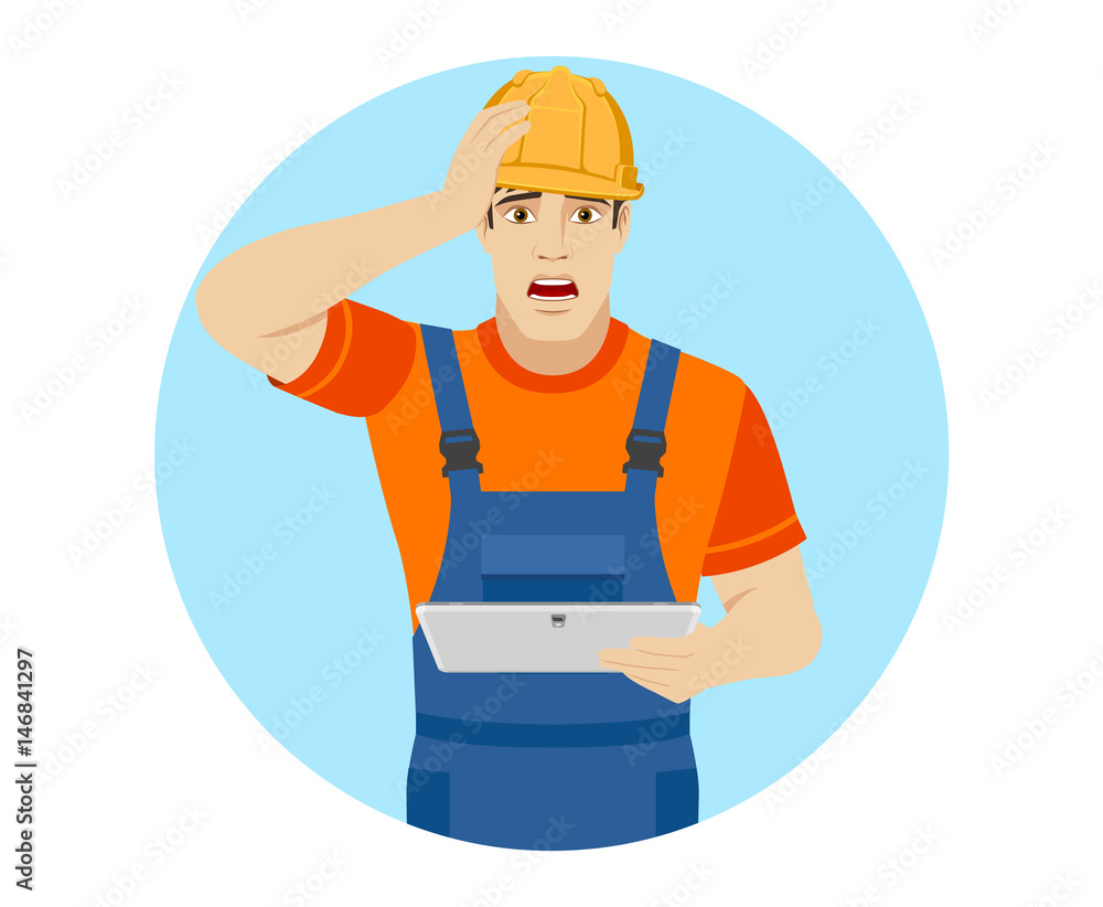 Builder holding digital tablet and grabbed his head Builder holding digital tablet and grabbed his head
