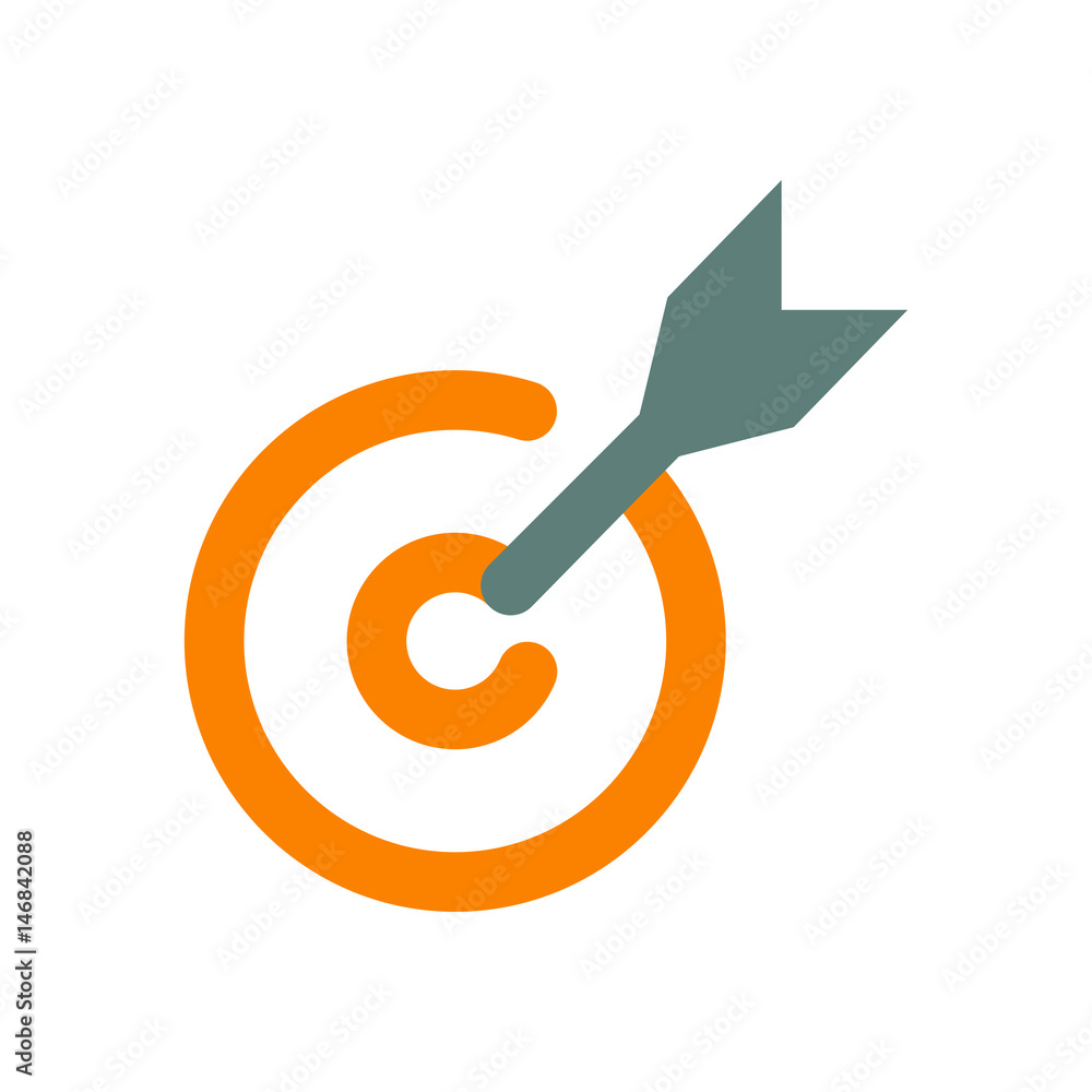 Icono plano flecha en diana gris y naranja en fondo blanco Icono plano flecha en diana gris y naranja en fondo blanco