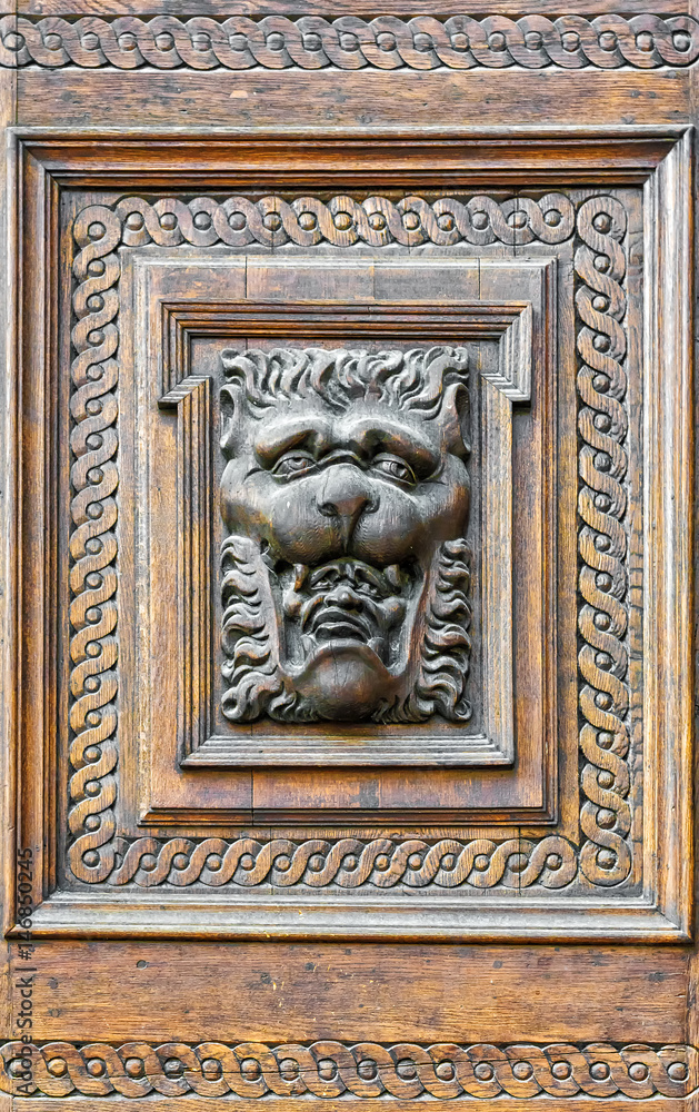 Old oak carved door in Prague
