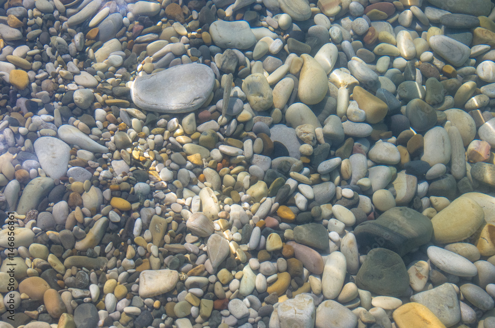 sea pebble beach with multicoloured stones, waves with foam sea pebble beach with multicoloured stones, waves with foam