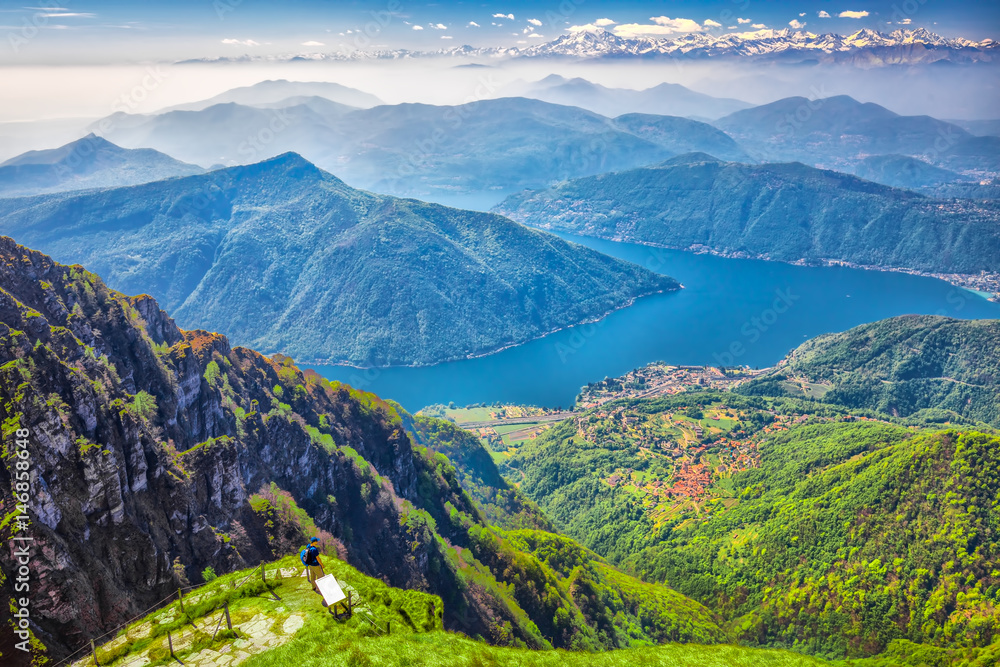 View to Lugano city, San Salvatore mountain and Lugano lake from Monte Generoso, Canton Ticino, Switzerland
