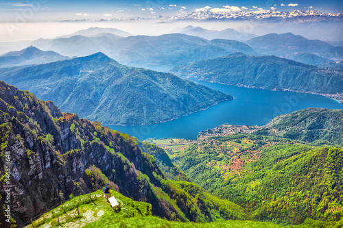 View to Lugano city, San Salvatore mountain and Lugano lake from Monte Generoso, Canton Ticino, Switzerland photo