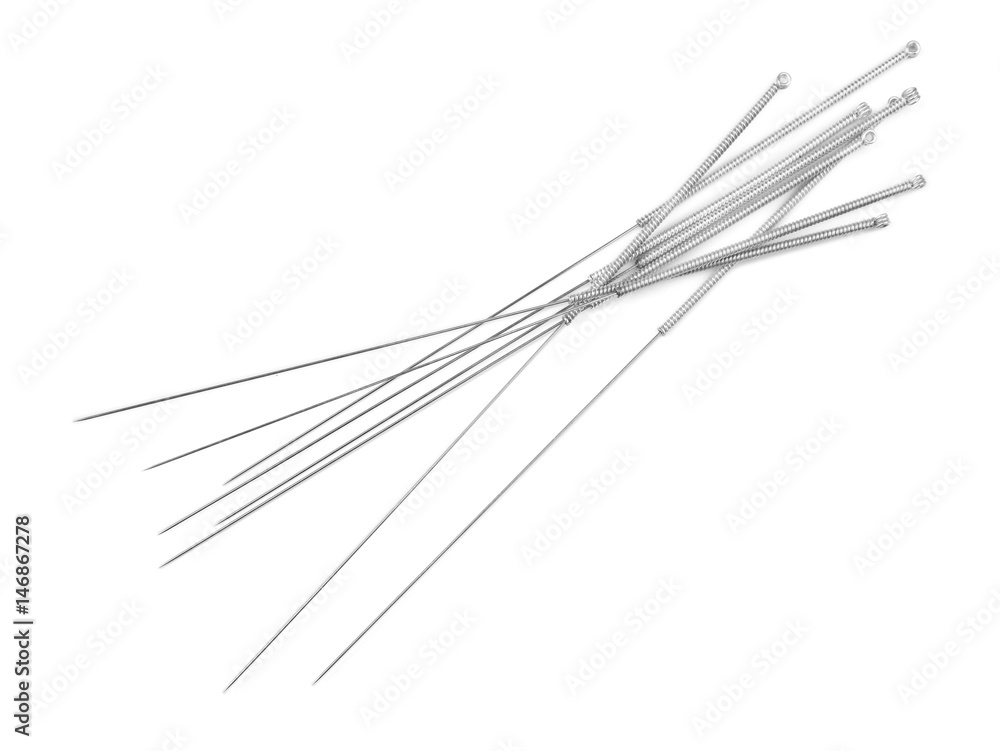 Needles for acupuncture on white background