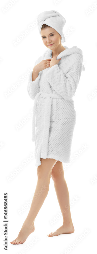 Beautiful young woman after shower on white background Beautiful young woman after shower on white background