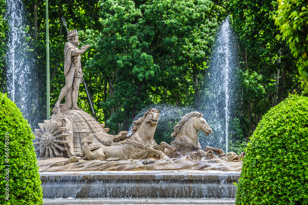 Fountain of Neptune (Fuente de Neptuno) one of the most famous landmark of Madrid, Spain