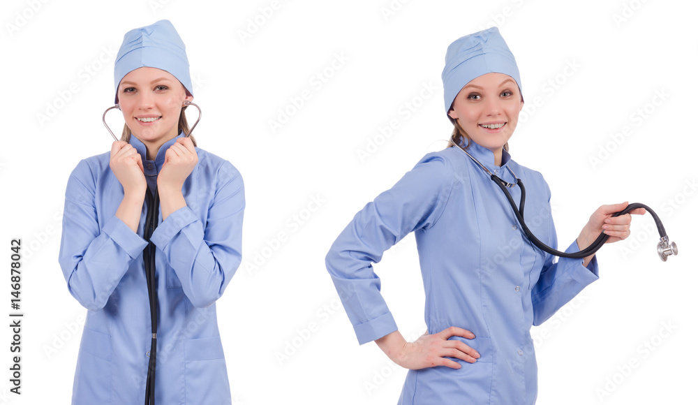 Woman doctor pressing virtual button Woman doctor pressing virtual button