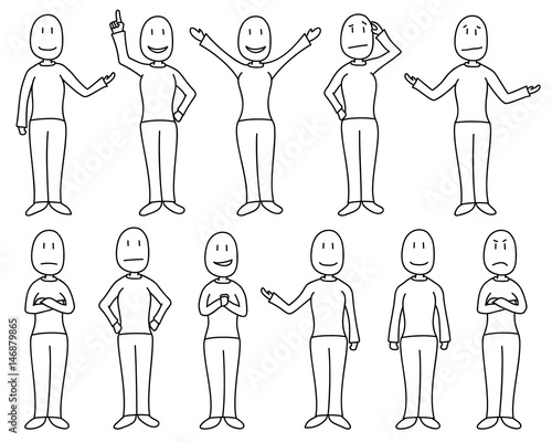 Figures in poses depicting various moods and emotions in a hand drawn cartoon style. Figures are individually isolated and white filled. Female character set.