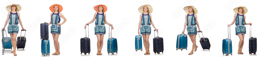Collage of woman preparing for summer vacation isolated on white Collage of woman preparing for summer vacation isolated on white