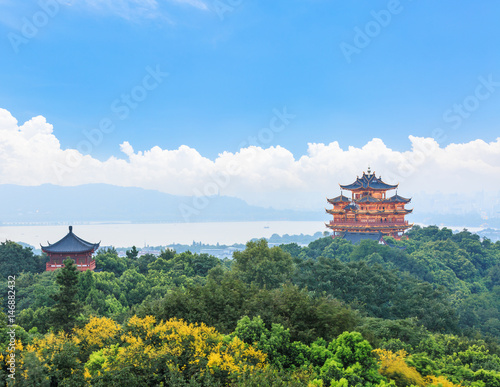 Beautiful Hangzhou West Lake and ancient pavilion architectural scenery