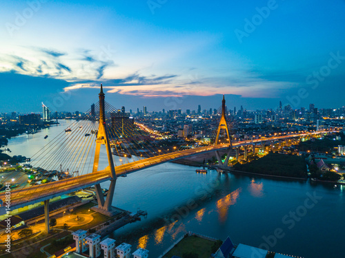 Beautiful sunset view from a drone of Bhumibol Bridge in Bangkok   Bridge of transportation for import   export   Bangkok  Thailand