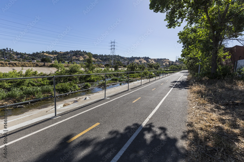 New section of the Los Angeles River bike path north of downtown LA in Southern California.  