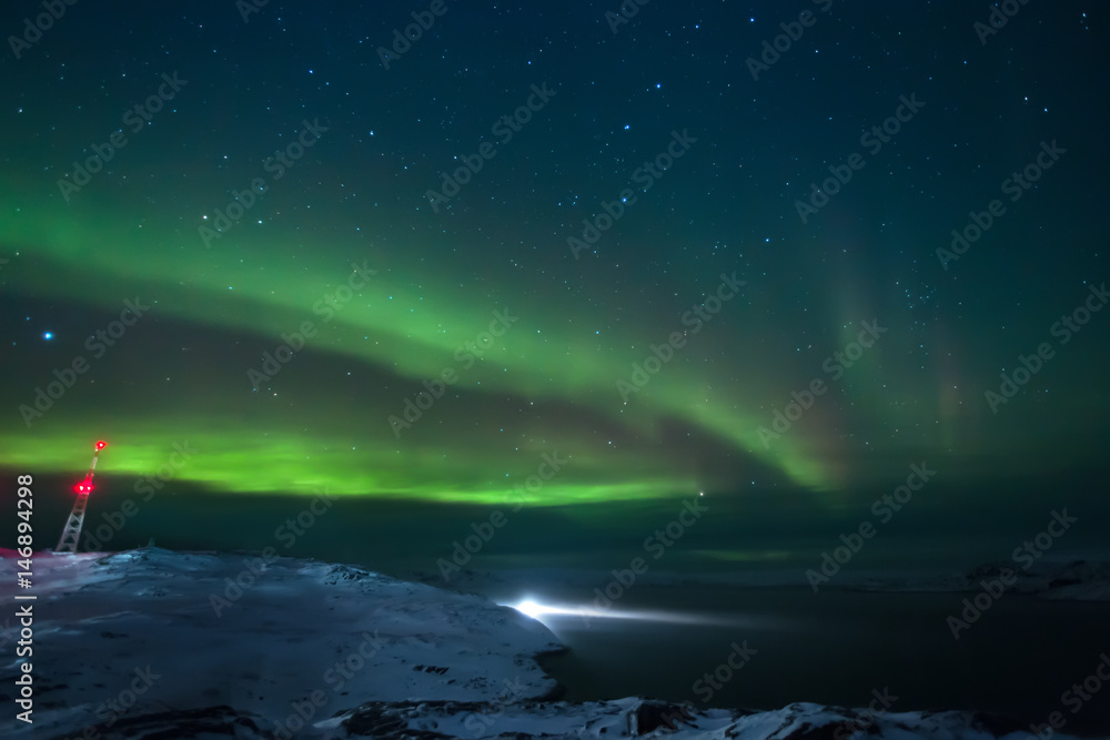 Fototapeta premium Northern lights. Aurora borealis nature landscape at night