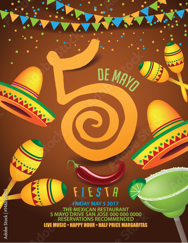 Cinco De Mayo poster background for celebration of the Mexican holiday on the fifth (Cinco) of May (Mayo). AI 10 vector.