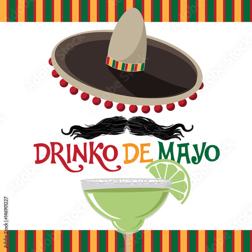 Drinko De Mayo lettering and sombrero for celebration of the Mexican holiday on the fifth (Cinco) of May (Mayo). AI 10 vector.
