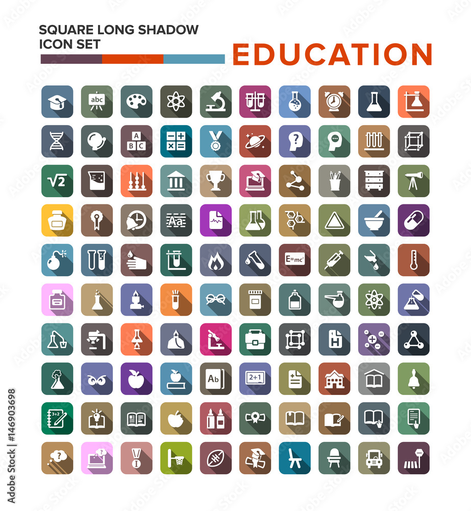 Education icon set with long shadow effect for Web, Presentations and Mobile Application. Isolated on white Education icon set with long shadow effect for Web, Presentations and Mobile Application. Isolated on white