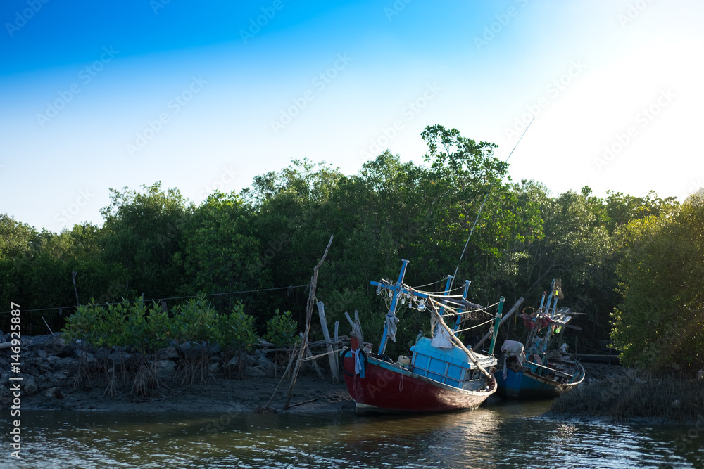 wood fishing boat anchor on beach get ready for trawl. around this place filled nature and mangrove forest background, this image for nature,fishing and boat concept wood fishing boat anchor on beach get ready for trawl. around this place filled nature and mangrove forest background, this image for nature,fishing and boat concept