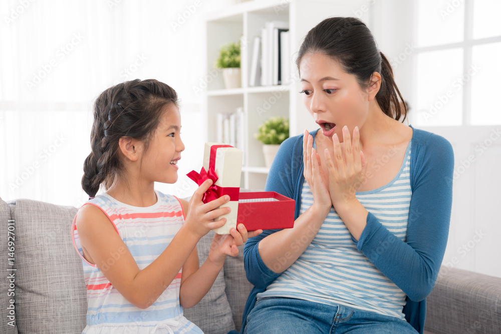 asian little girl sending gift red ribbon gift box asian little girl sending gift red ribbon gift box