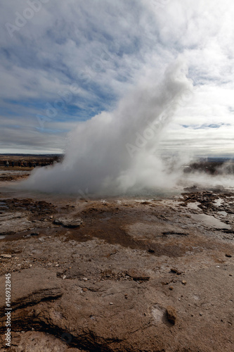 Strokkur is a fountain geyser located in a geothermal area beside the Hvita River in Iceland in the southwest part of the country, east of Reykjavik.