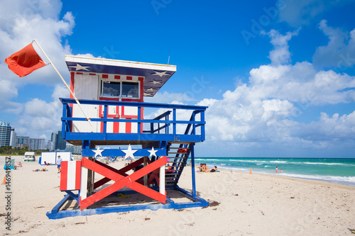 USA. FLORIDA. MIAMI BEACH, APRIL, 2017: Miami Beach in South Beach with new lifeguard tower and coastline with colorful cloud and blue sky. Florida. © miami2you