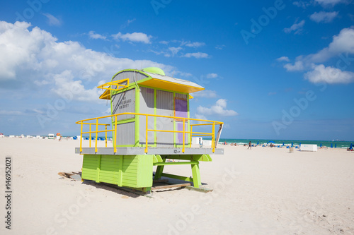 USA. FLORIDA. MIAMI BEACH, APRIL,2017: Miami Beach in South Beach with new lifeguard tower and coastline with colorful cloud and blue sky. Florida.