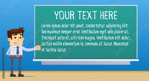 Illustration of a businessman pointing to blackboard. Teacher explaining lesson. Education, conference, meeting. Simple style vector illustration