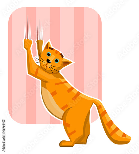 Illustration of a cat sharpening his claws, tearing wallpaper. Simple vector illustration