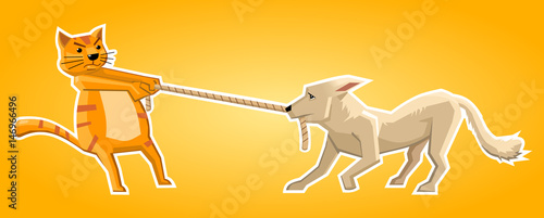 Illustration of a cat and dog pulling rope. Cat and dog fight, domestic animals rivalry. Simple vector illustration