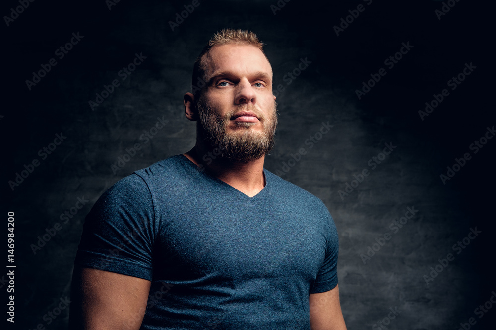 A brutal muscular male dressed in a blue t shirt over grey background. A brutal muscular male dressed in a blue t shirt over grey background.