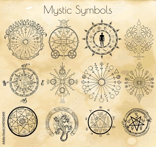 Big set with mystic symbols on textured background.  Hand drawn vector illustration