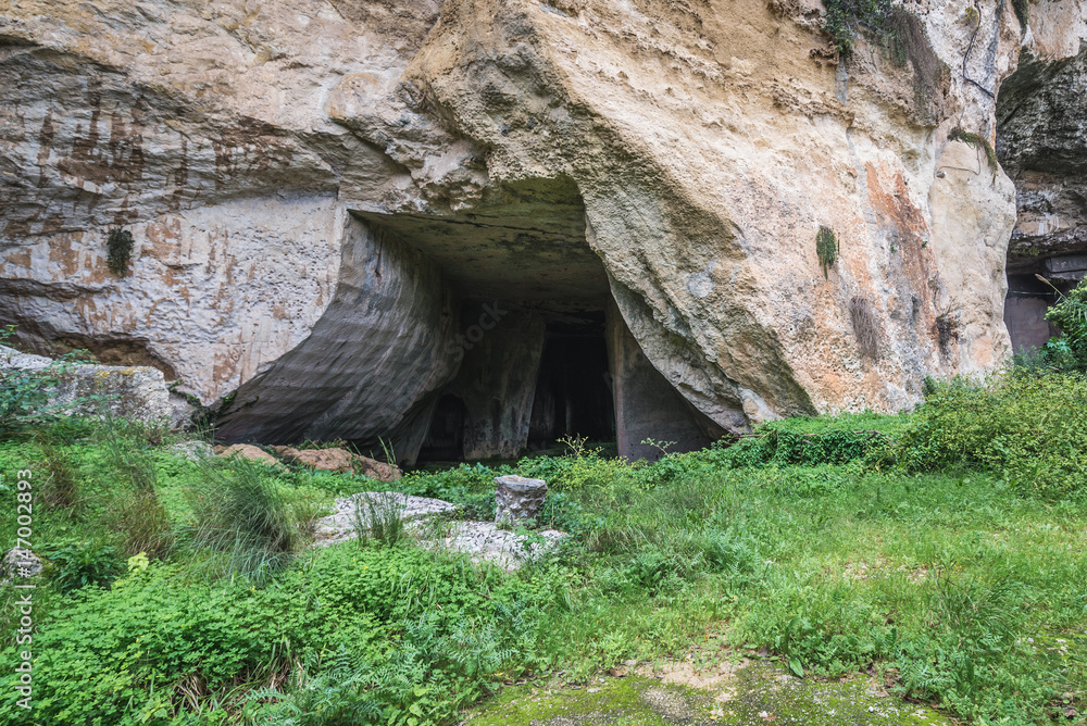 Ropemakers Cave in ancient quarry, Neapolis Archaeological Park in Syracuse, Sicily Island of Italy