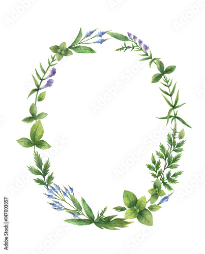Watercolor hand painted oval wreath with herbs and spices.