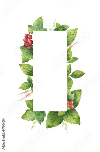 Watercolor floral rectangular frame with green herbs and spices leaves and br...