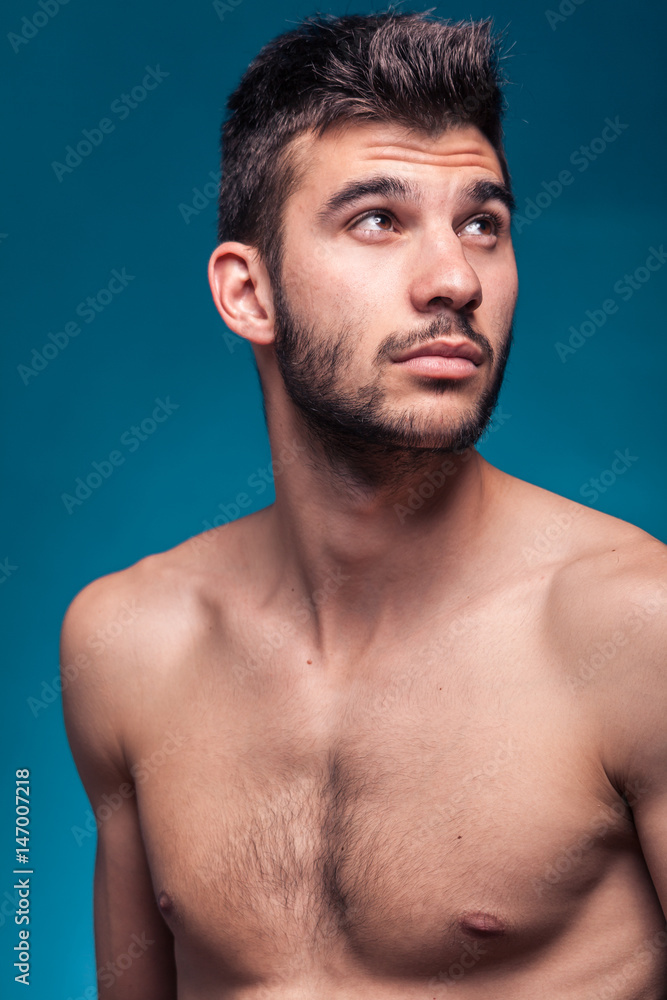 face head shoulders, man looking above up face head shoulders, man looking above up