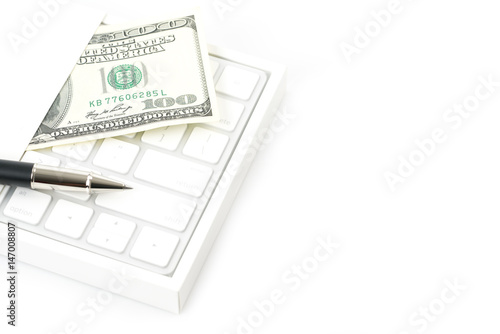 Office table with keyboard and money Isolated on white background