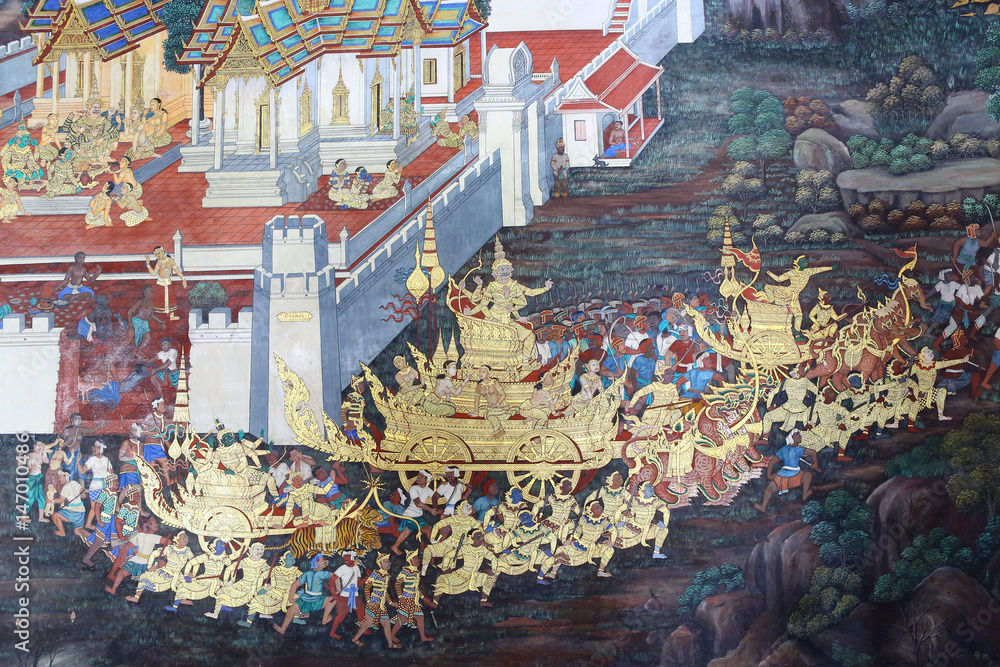 Φωτογραφία Traditional Thai painting art about Ramayana story on display at the temple wall Wat Prakaew in Bangkok, Thailand