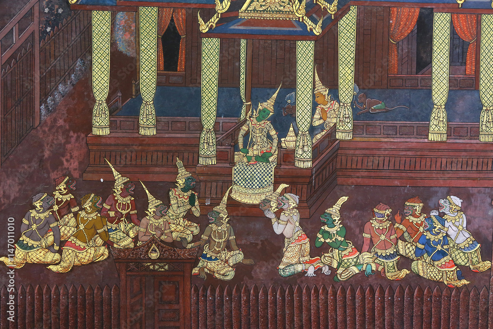 Φωτογραφία Traditional Thai painting art about Ramayana story on display at the temple wall Wat Prakaew in Bangkok, Thailand