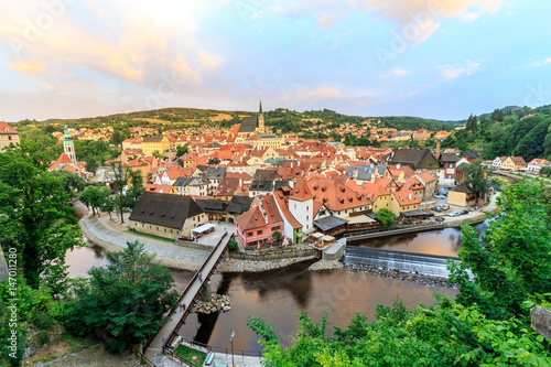 Top view Cesky Krumlov Castle with Tower in sunset