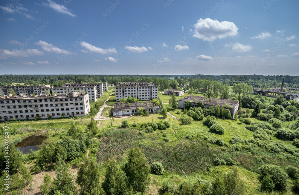 Aerial view of Skrunda ghost town, former USSR military base in Lativa