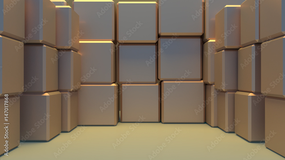 Metal cubes wall. Warehouse with stack of cardboard boxes. Concept of packaging and delivery. 3d render picture.