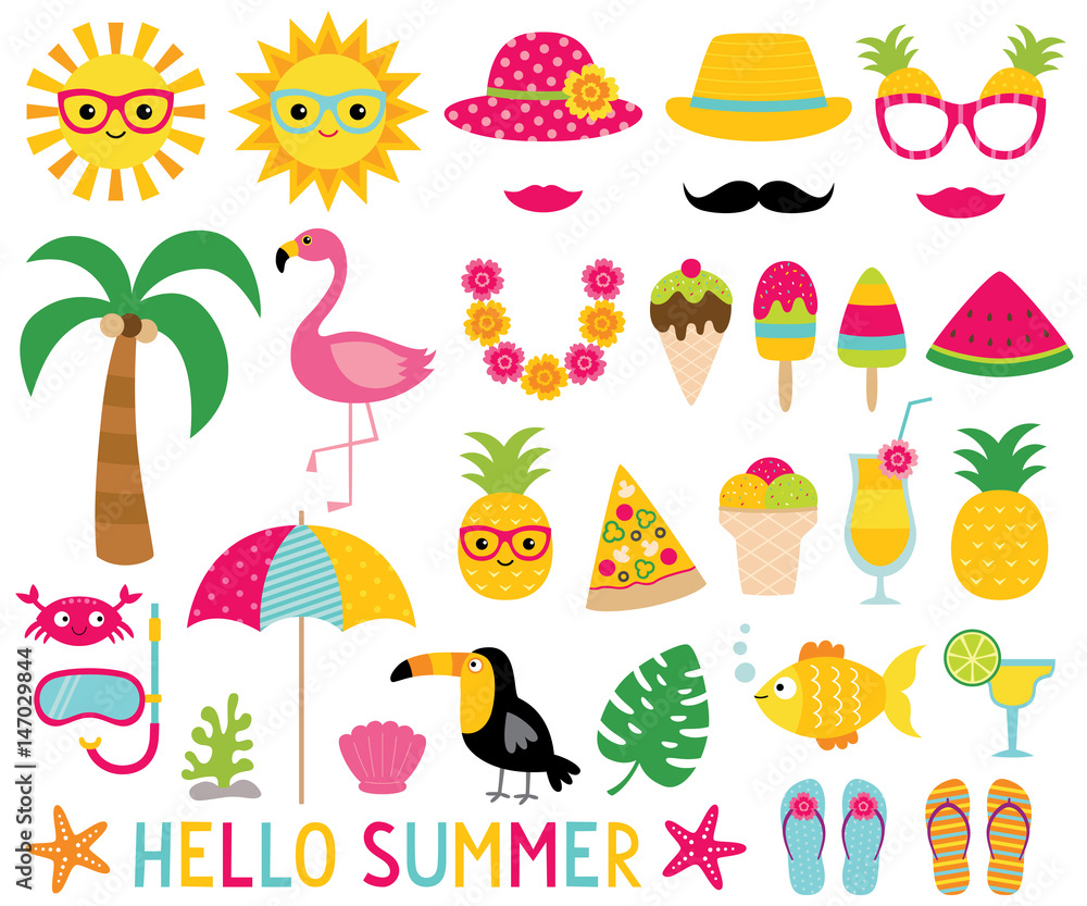 Summer design elements and photo booth props set