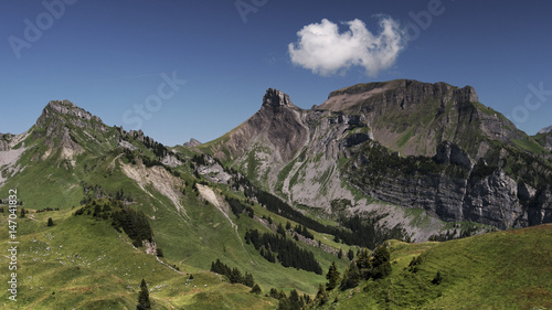 Auf der Schynigen Platte in der Gemeinde Gündlischwand am 08.08.12. Der auffallende Gipfel in der Mitte ist die "Ussri Sägissa" (2463m), ganz links das Loucherhorn. 