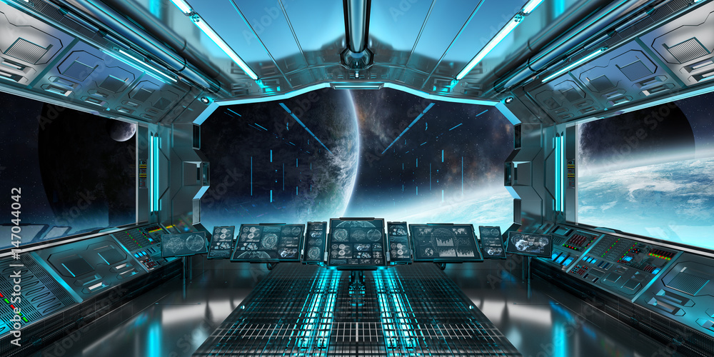 Fototapeta premium Spaceship interior with view on distant planets system 3D rendering elements of this image furnished by NASA