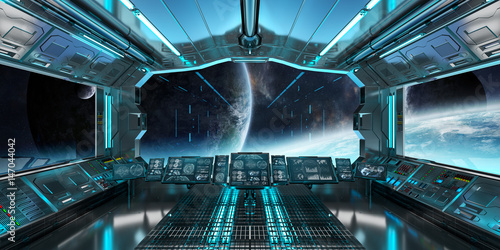 Fototapeta Naklejka Na Ścianę i Meble -  Spaceship interior with view on distant planets system 3D rendering elements of this image furnished by NASA