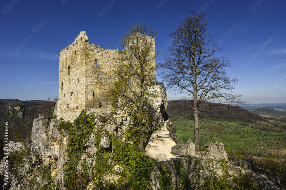German castle ruins of Reussenstein Castle in southern Germany near Neidlingen in spring, Swabian Alps, Baden-Württemberg, Germany