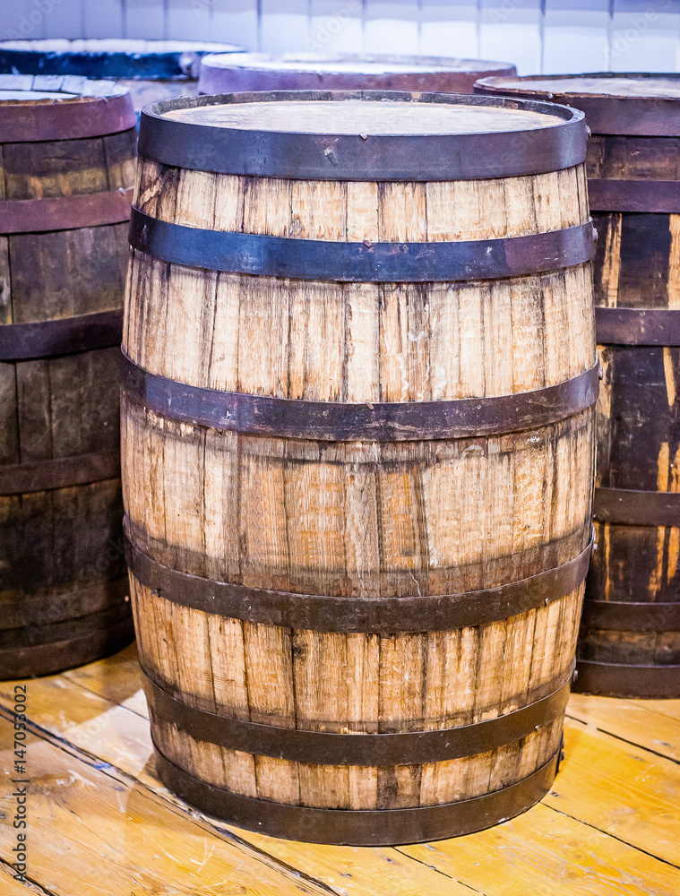 Old barrel for whiskey whisky wine or beer in magazine