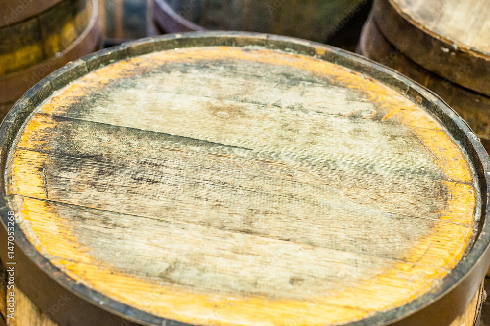 Old barrel for whiskey whisky wine or beer in magazine